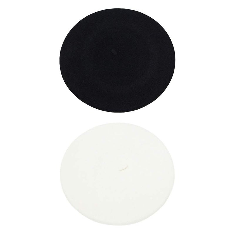ICSTH French Beret - Wool Solid Color Womens Beanie Cap Hat (One Size, 2PCS Black and White)